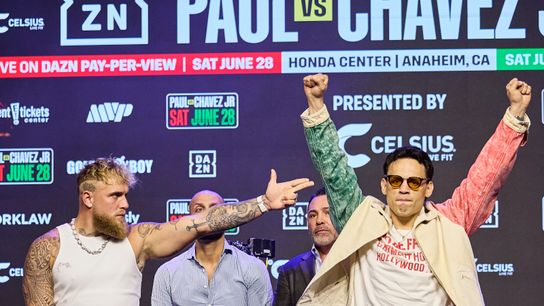Jake Paul (L) and Julio Cesar Chavez Jr. pose at a news conference. Jake Paul (L) and Julio Cesar Chavez Jr. pose at a news conference.