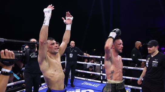 Jack Catterall (L) celebrates his 117-111, 117-111 and 116-113 victory Saturday over Josh Taylor in Leeds, England. Jack Catterall (L) celebrates his 117-111, 117-111 and 116-113 victory Saturday over Josh Taylor in Leeds, England.