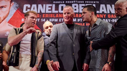 Canelo Alvarez (L) gestures to Edgar Berlanga, second from right. They fight Saturday for the super middleweight title at T-Mobile Arena in Las Vegas. Canelo Alvarez (L) gestures to Edgar Berlanga, second from right. They fight Saturday for the super middleweight title at T-Mobile Arena in Las Vegas.