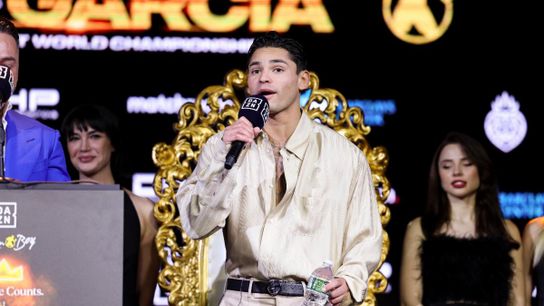 Ryan Garcia speaks at a New York press conference to promote his April 20 bout against Devin Haney. Ryan Garcia speaks at a New York press conference to promote his April 20 bout against Devin Haney.