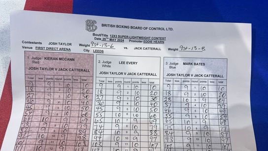 Scorecards in Josh Taylor-Jack Catterall 2 super lightweight fight on May 25, 2024. Scorecards in Josh Taylor-Jack Catterall 2 super lightweight fight on May 25, 2024.