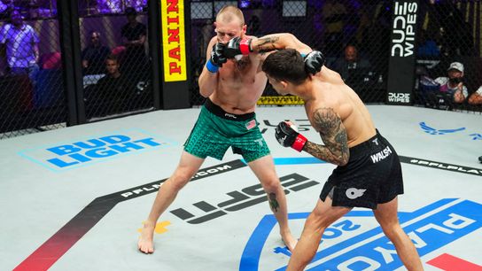 Biaggio Ali Walsh (R) lands a lead right to the head of Brian Stapleton in the first round of their lightweight bout Friday in Hollywood, Fla. Ali Walsh won by first-round TKO in 55 seconds. Biaggio Ali Walsh (R) lands a lead right to the head of Brian Stapleton in the first round of their lightweight bout Friday in Hollywood, Fla. Ali Walsh won by first-round TKO in 55 seconds.