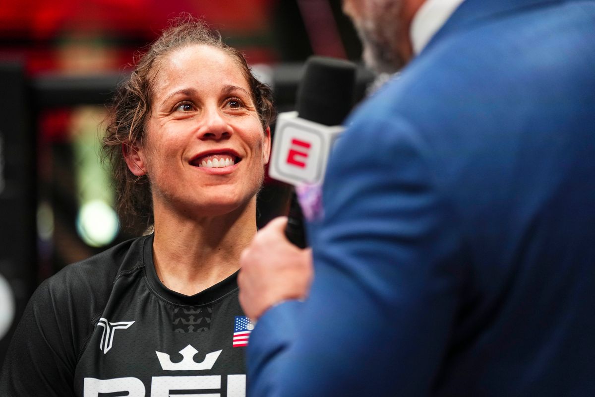 Former Bellator flyweight champion Liz Carmouche beams after defeating Julianna Velasquez Thursday for the third time in as many meetings, this time in the PFL's 2024 season opener in San Antonio, Texas. Former Bellator flyweight champion Liz Carmouche beams after defeating Julianna Velasquez Thursday for the third time in as many meetings, this time in the PFL's 2024 season opener in San Antonio, Texas.