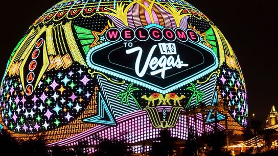 The outside of The Sphere, advertising the Las Vegas Convention & Visitors Authority. The outside of The Sphere, advertising the Las Vegas Convention & Visitors Authority.