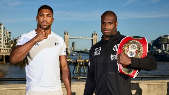 Challenger Anthony Joshua (L) and champion Daniel Dubois pose ahead of their IBF heavyweight title fight Saturday at Wembley Stadium in London. Challenger Anthony Joshua (L) and champion Daniel Dubois pose ahead of their IBF heavyweight title fight Saturday at Wembley Stadium in London.